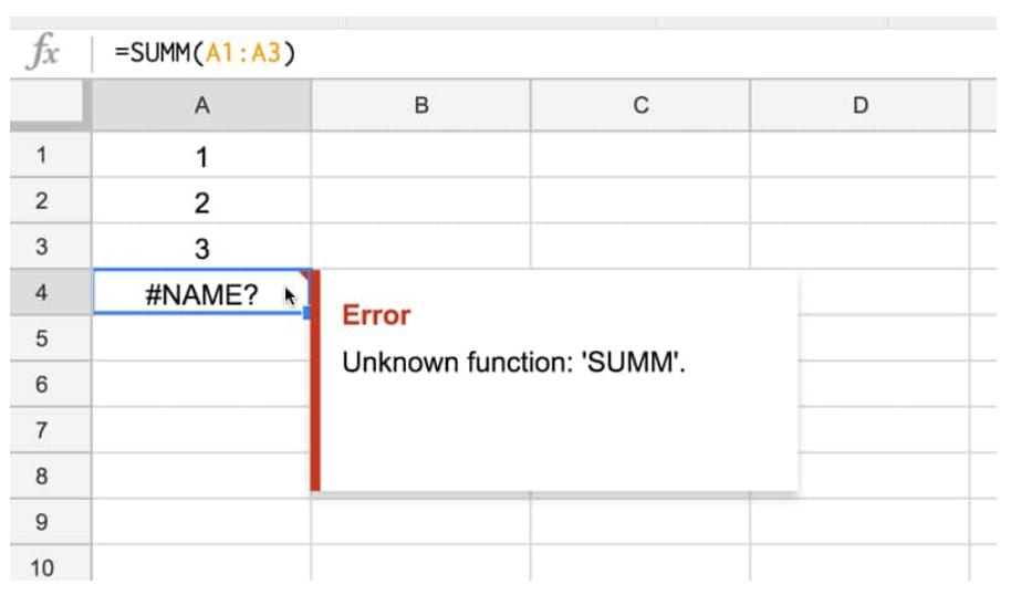 Lỗi #NAME? trong Google Sheets 